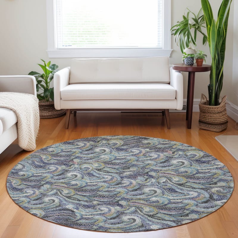 Premium Washable Super Soft Contemporary Mosaic Wave Mayfield Rug - Stormy - 8' x 8' - Round