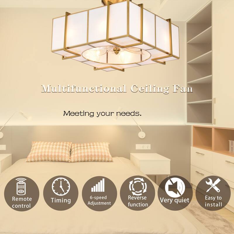 Olapine Square White Gold Trim Tiffany Glass Lighted Ceiling Fandelier with Remote