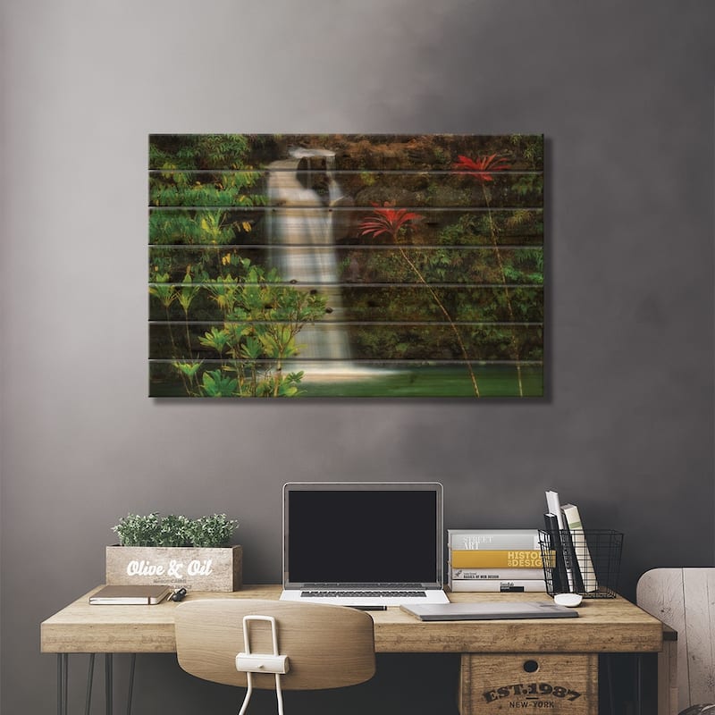 Tropical Waterfalls Print On Wood by Dennis Frates - Multi-Color
