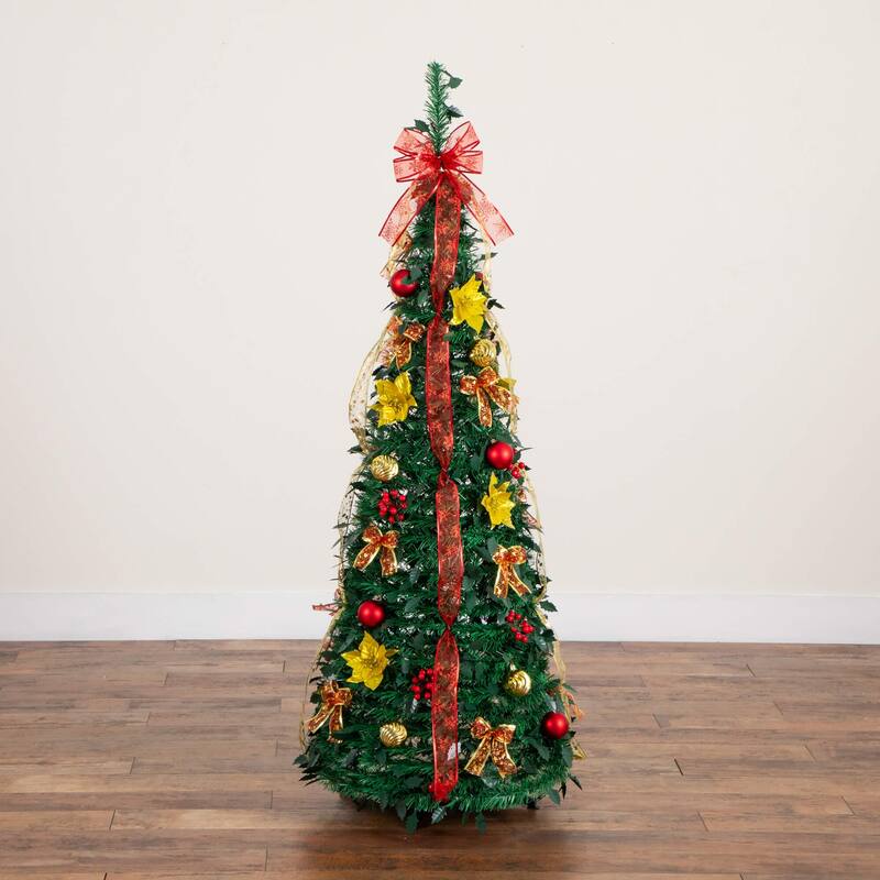 5-ft Pre-Lit Pop up Christmas Tree with Red & Gold Ornaments