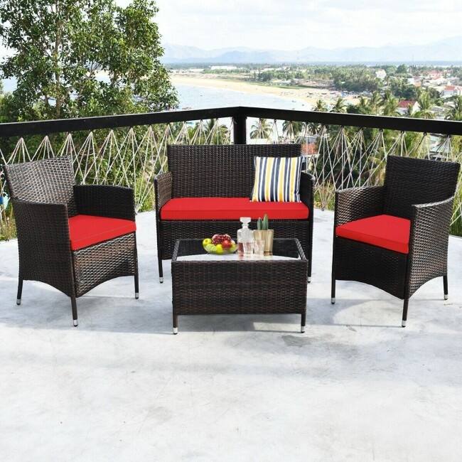 Rattan Patio Conversation Furniture Set with Glass Table and Comfortable Sofa - 4 Pcs