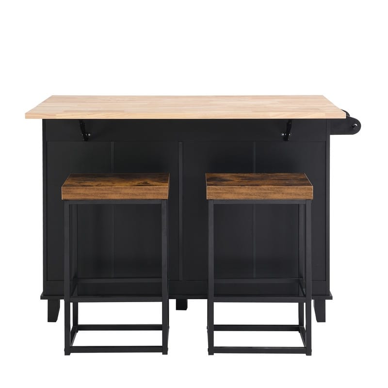 Farmhouse-Style Kitchen Island Set with Drop-Leaf Table, Two Seats, Storage Cabinet, Drawers, and Towel Rack‌