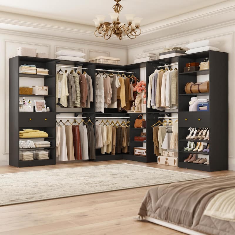Zyntex Corner Closet System with 2 Wooden Drawers and 6 Hanging Rods, Freestanding Walk-in Closet Organizer with Storage Shelves