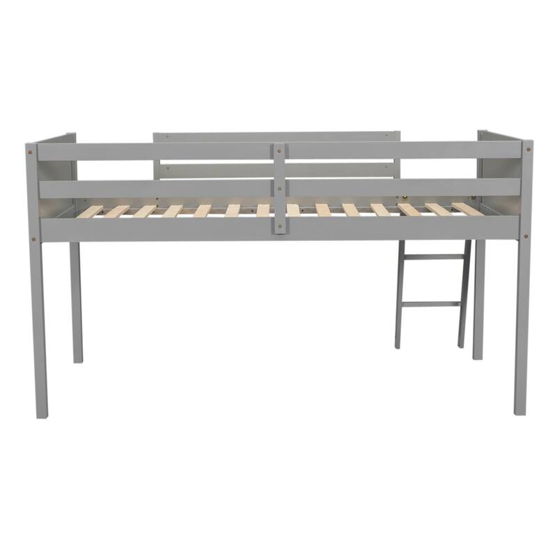 Solid Wood Low Loft Bed with Ladder and Fence