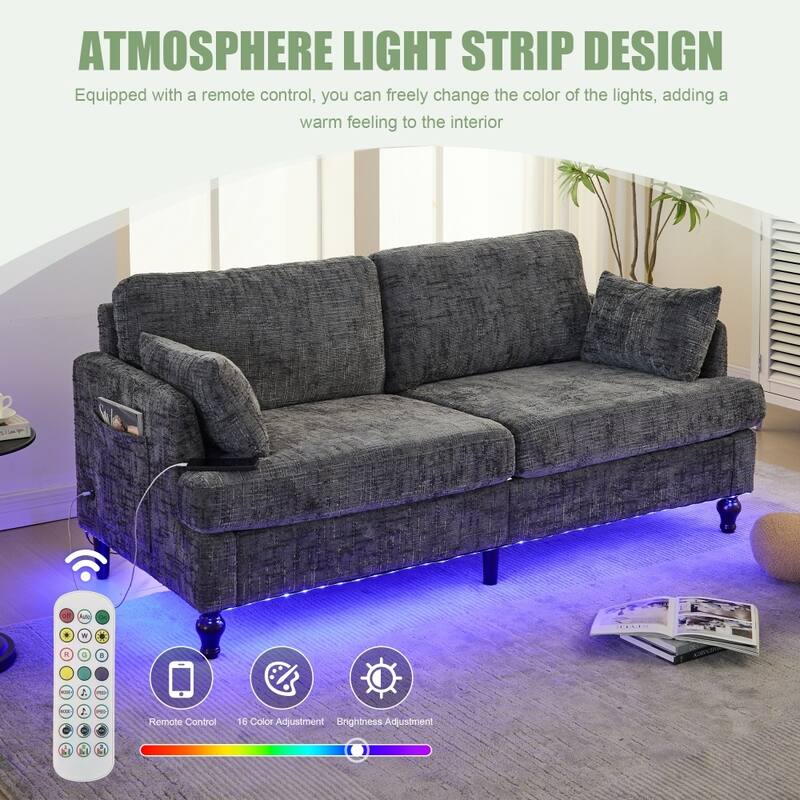 Modern Chenille 2-Seater Wood-Legged Sofa with LED light, USB Charging Port and Storage Bag