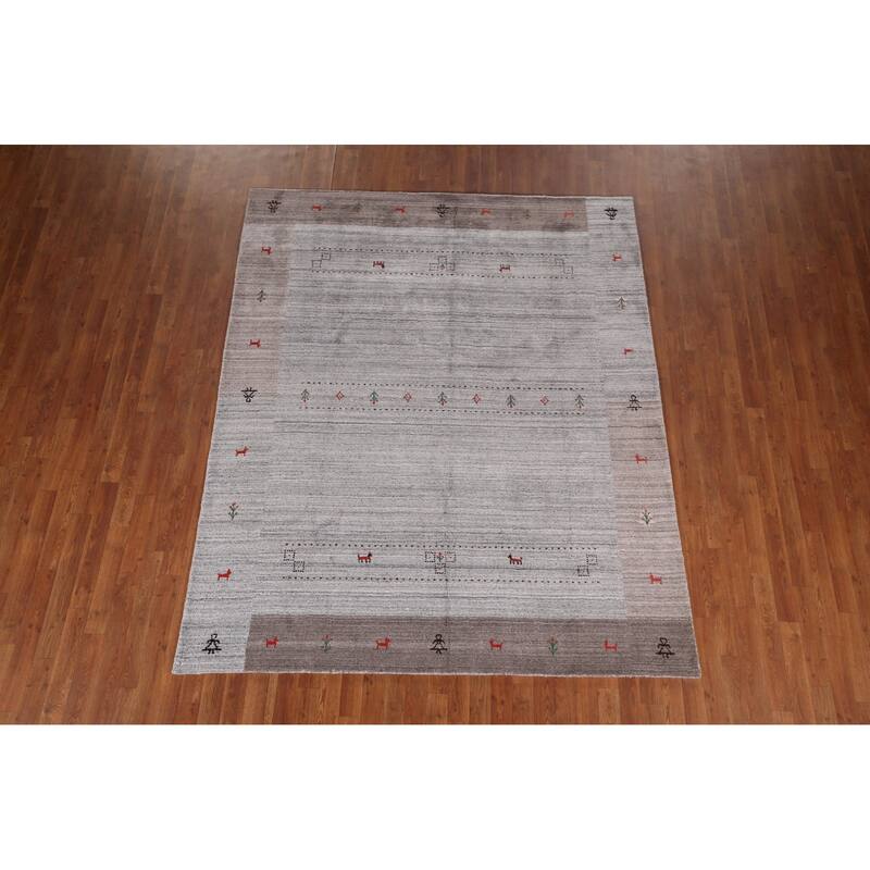 Gabbeh Indian Area Rug Hand-Knotted Tribal Beige Wool Carpet - 6'8"x 8'1"