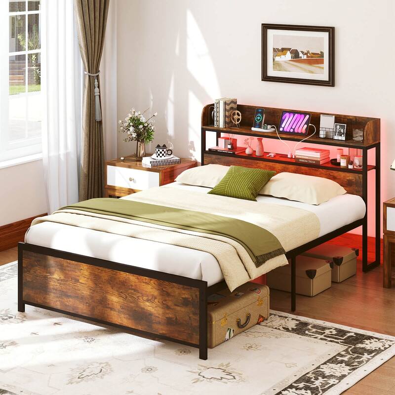 Coatway Full/Queen/King Bed Frame with LED Lights Power Outlets