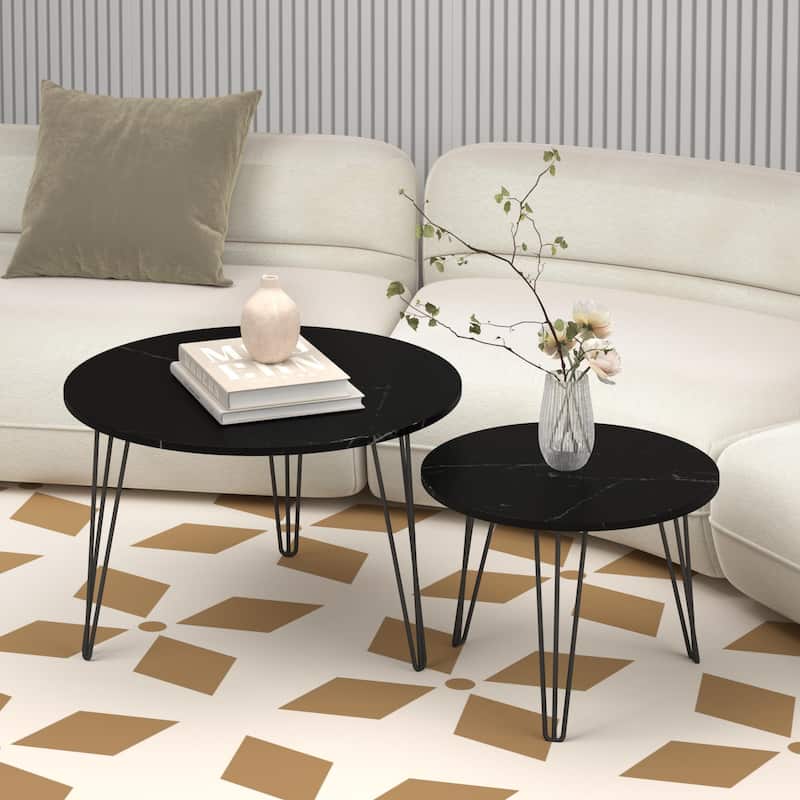 Anmytek Set of 2 Nesting Round Coffee Tables with Marble Effect Top & Hairpin Legs, Black Industrial Modern Side Tables