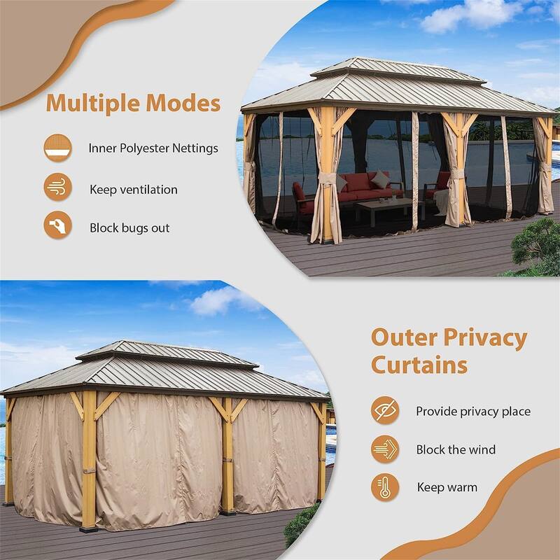 Outdoor Hardtop Gazebo Cedar Wood Frame Galvanized Steel Double Roof with Curtains and Netting