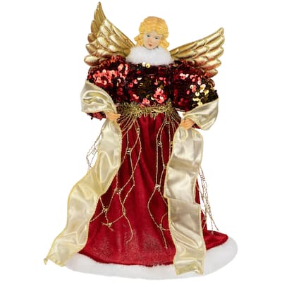 Metallic and Sequin Angel Christmas Tree Topper - 12" - Red and Gold - Unlit