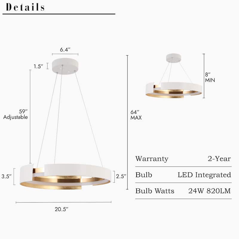 Modern 1-Light White Gold Round LED Wheel Chandelier Metal Pendant Lights for Dining Room - 20.5 " × 3.5 "