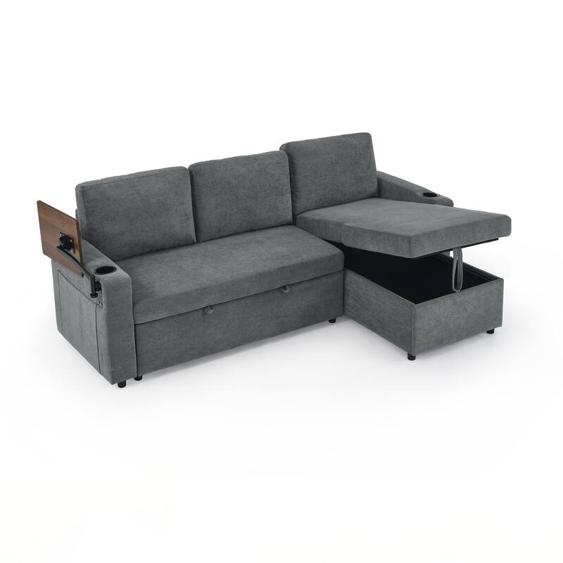Modern Chenille Multi-functional Pull-Out Bed Sofa with Retractable Table and LED Lighting
