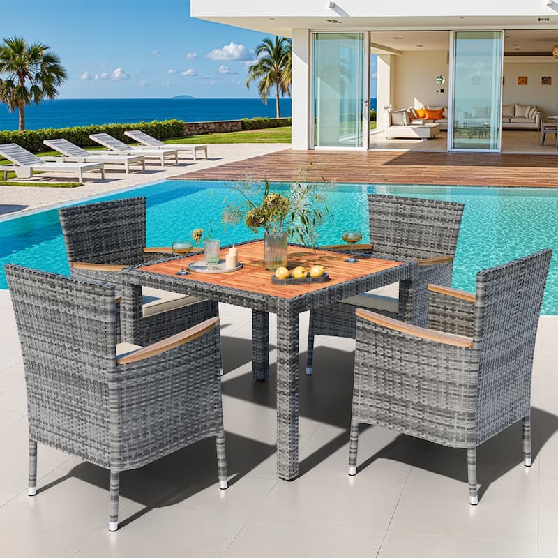 5-Piece Outdoor Wicker Dining Set with Wood Desktop Table and Chairs - N/A