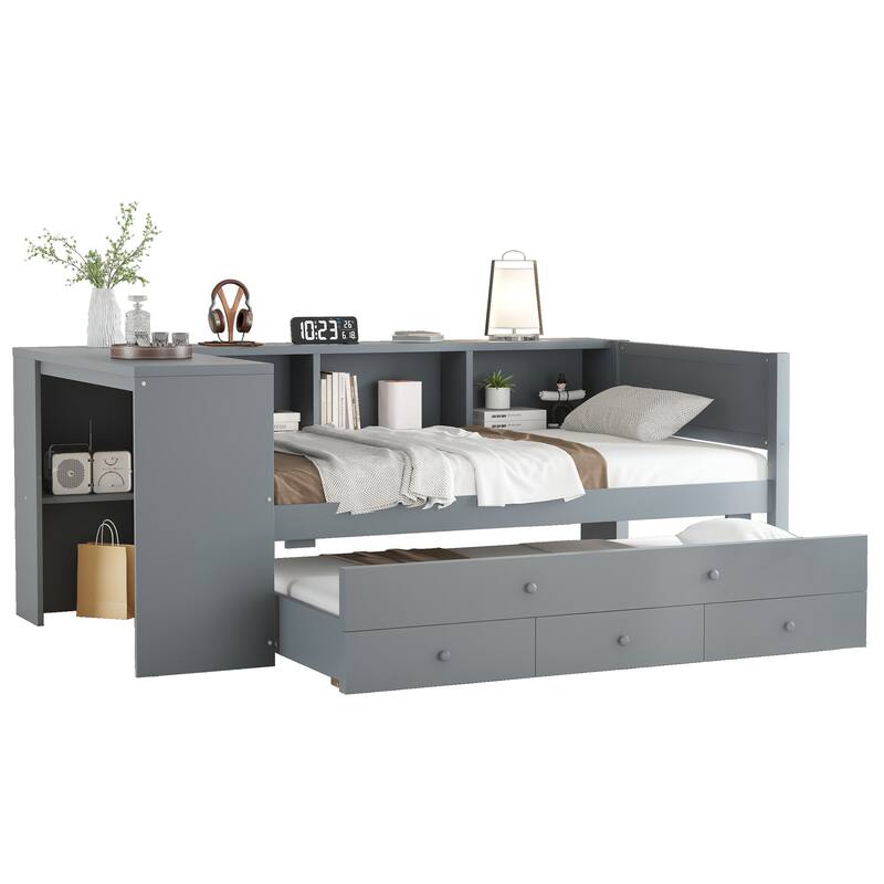 Twin Size Daybed with Trundle, Wood Day Bed Frame with Storage Drawers and Side Shelves, Daybed with Desk, No Spring Box Needed
