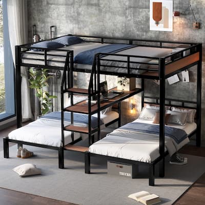 1+2 Sleeping Layout, Triple Bunk Bed for Multi Children with Stairs and Shelf, Queen Over Twin Over Twin Metal Bed Frame