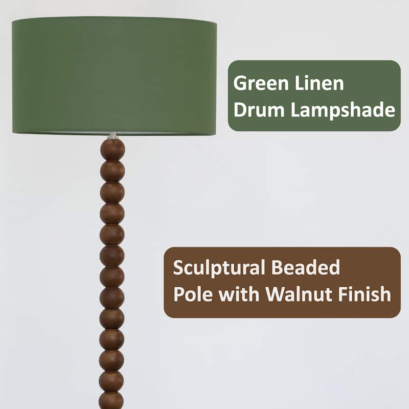 61" Wooden Beaded Floor Lamp, Retro Walnut Finish Standing Lamp with Linen Shade, Rubberwood Base for Living Room, Bedroom