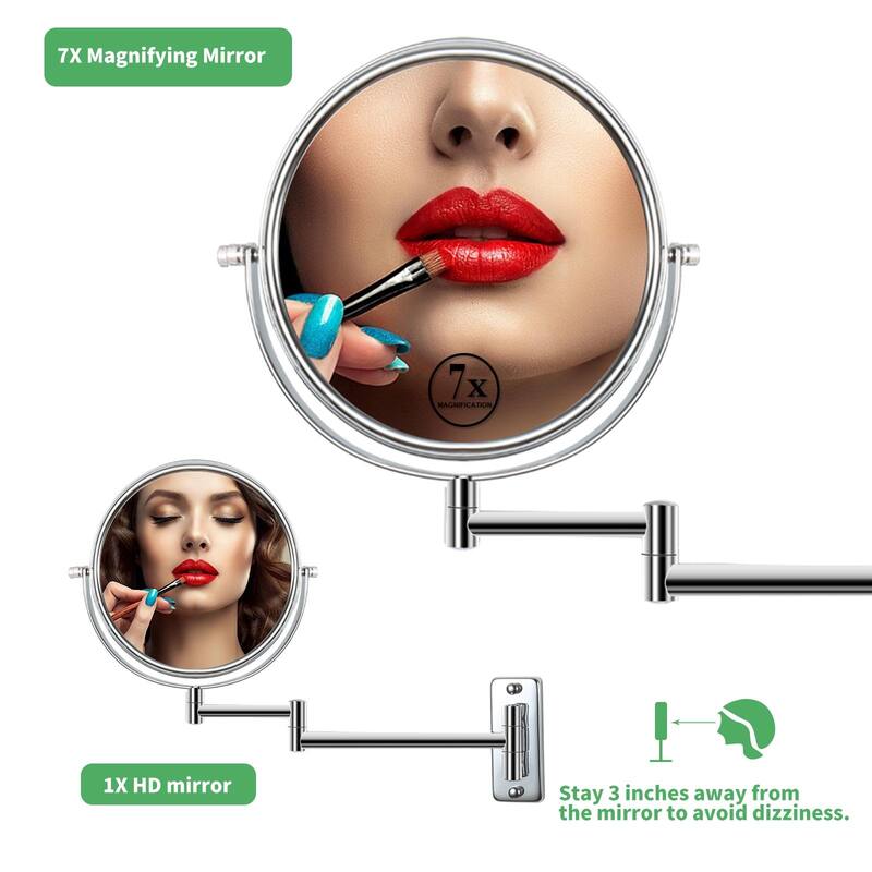 8 inch Chrome Wall Mounted Round Frame Double-Sided Makeup Mirror with 1X/7X HD Magnification