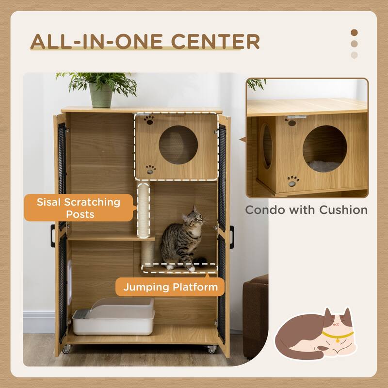 Oak Particle Board Cat Cabinet with Platforms, Scratcher and Cushion