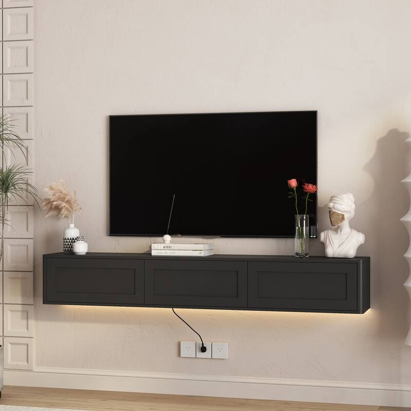 Floating LED TV Stand for Living Room, Wall Mounted TV Console Table with Power Outlet
