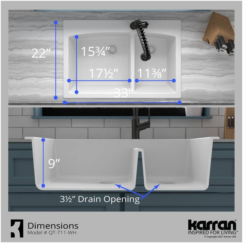 Karran USA QT-711-PK1 Quartz QT 33" Drop In Double Basin Quartz