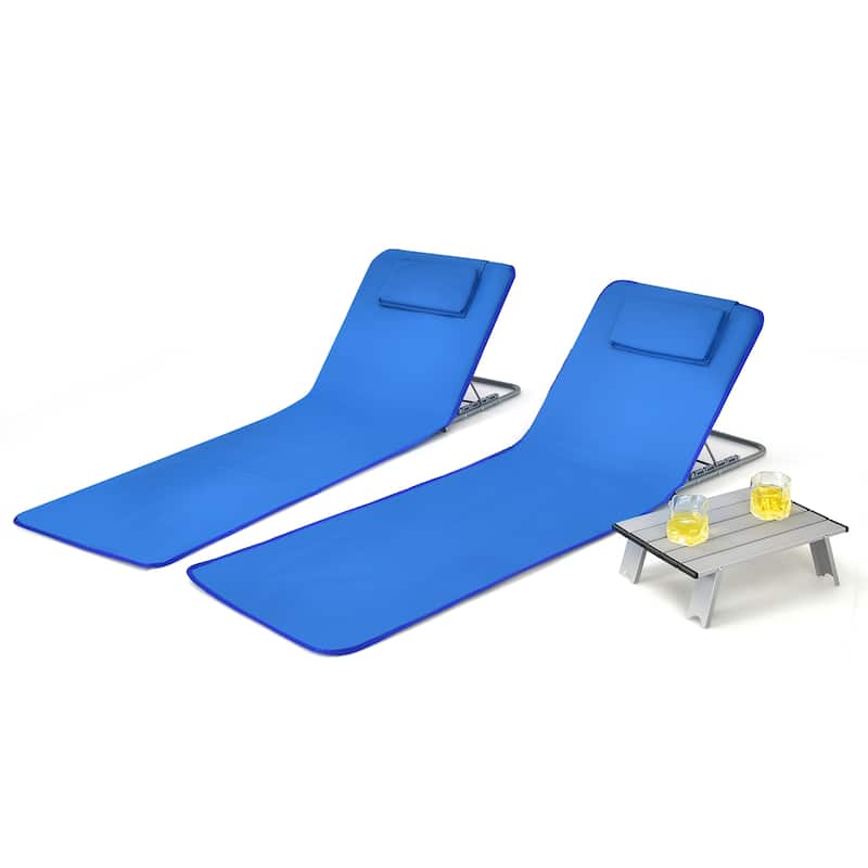 3 PCS Folding Beach Chairs Patio Adjustable Chaise Lounge with Table - Navy