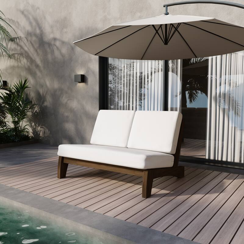 Acacia Wood Outdoor Armless Club Chair With Waterproof Cushion - Loveseat-Separate cushion - Beige/Loveseat-Separate cushion
