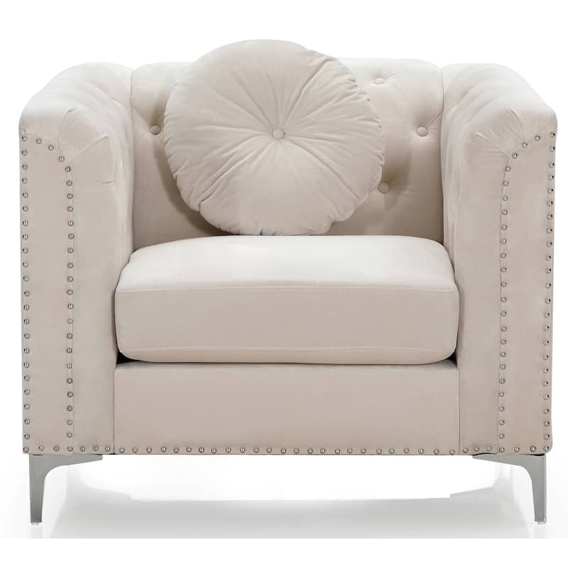 Button Tufted Accent Chair with Throw Pillow - 38" - Beige
