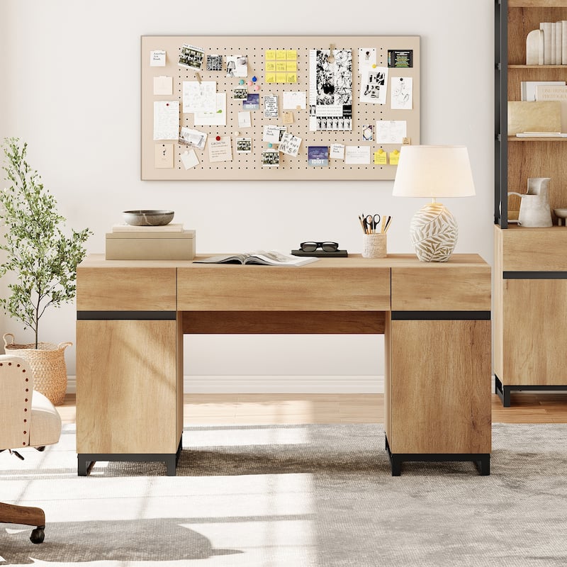 WAMPAT 59" Modern Executive Desk with Charging Station & Storage Cabinet + 72" Tall Bookcases.