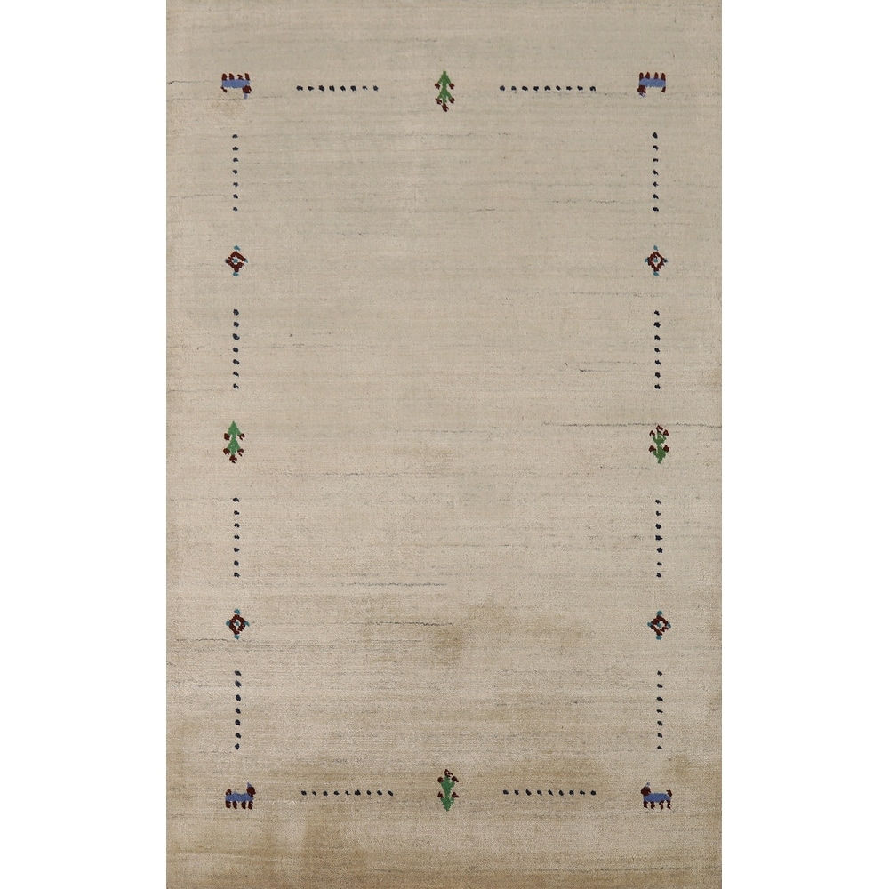 Tribal Beige Gabbeh Indian Foyer Rug Handmade Silk Carpet - 3'1"x 4'11"