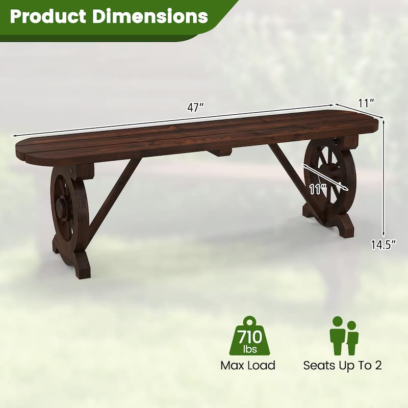 Gymax Rustic Wood Bench w/ Wagon Wheel Base Slatted Seat Design 710
