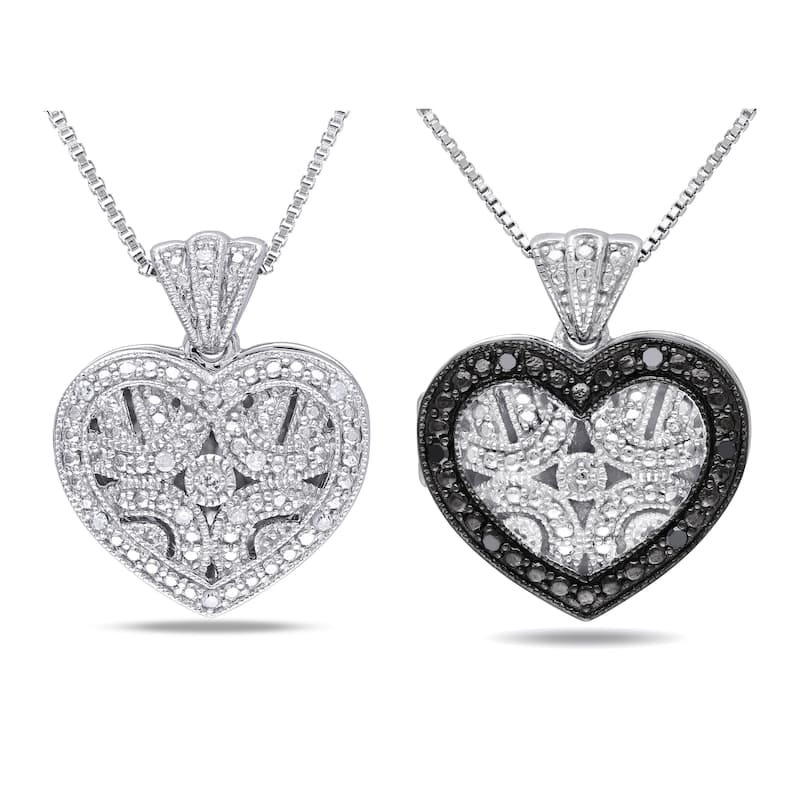 Miadora 1/8ct TW Black White Diamond Heart Locket Pendant Chain 2-Piece Set Sterling Silver