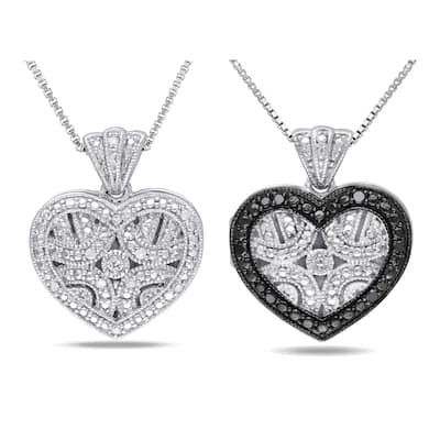 Miadora 1/8ct TW Black White Diamond Heart Locket Pendant Chain 2-Piece Set Sterling Silver