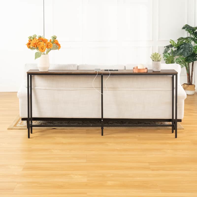 Homy Casa Console/Sofa Table with Outlets & USB Ports, Metal Frame