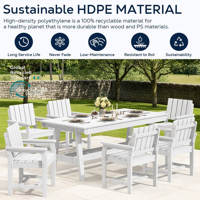 7-Piece HDPE Outdoor & Indoor Dining Set, Rectangular 67.91in W Table with Umbrella Hole and 6 Chairs Set of 7, Wood-Look Finish