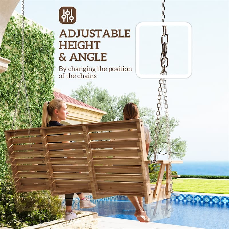 Fir and Pine Wood 3 Seater Outdoor Swing Chair with Cupholders Adjustable Chains for Patio Garden Deck - 63" W x 26.4" D x 24" H