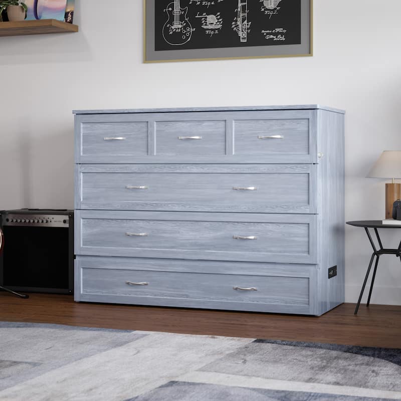 Northfield Full Murphy Bed Chest with 6" Mattress, Storage Drawer & Built-In Charger in Driftwood