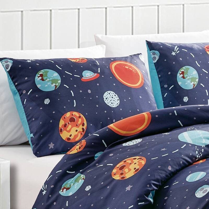 DCP 4 Piece All Season Soft Polyester Bedding Comforter Set,Navy with Universe Hearts