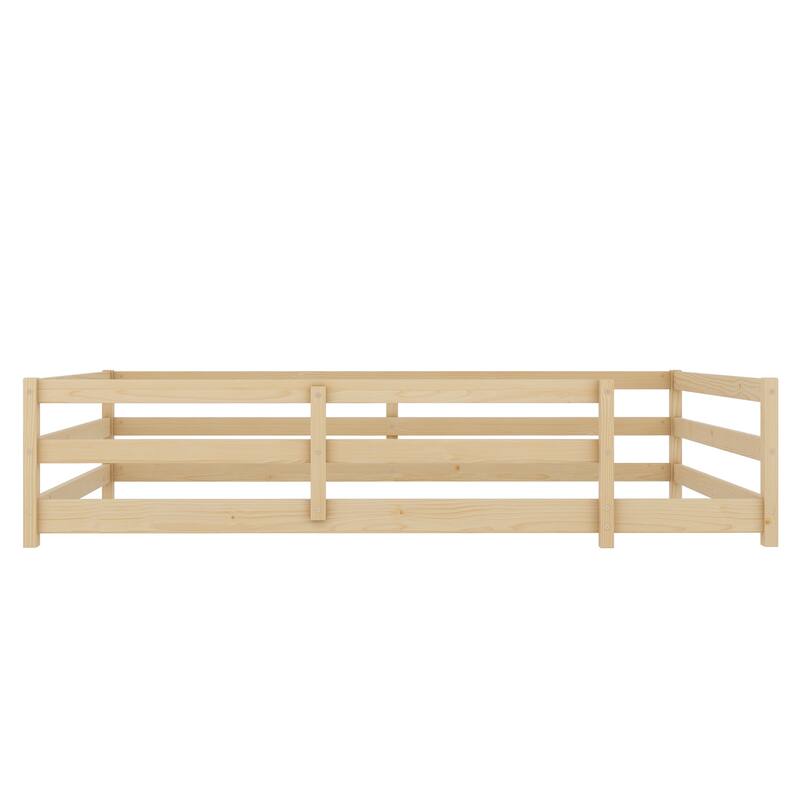 Twin/Full Montessori Floor Bed with Safety Fence - Wood Kids Floor Bed for Boys & Girls