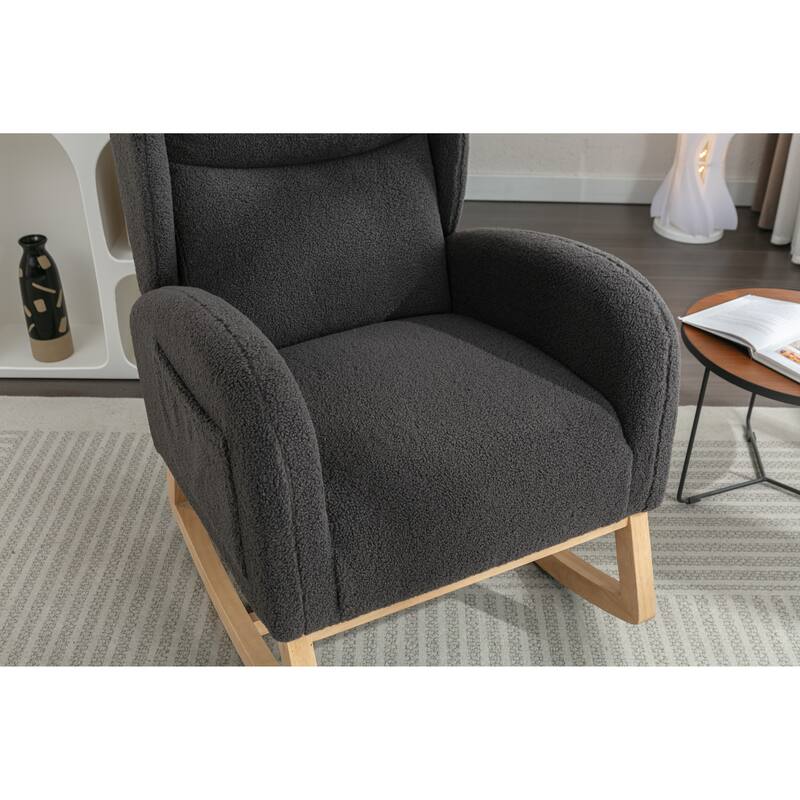 Dark Gray Modern 38" High Back Upholstered Rocking Chair with Wood Legs and Packet