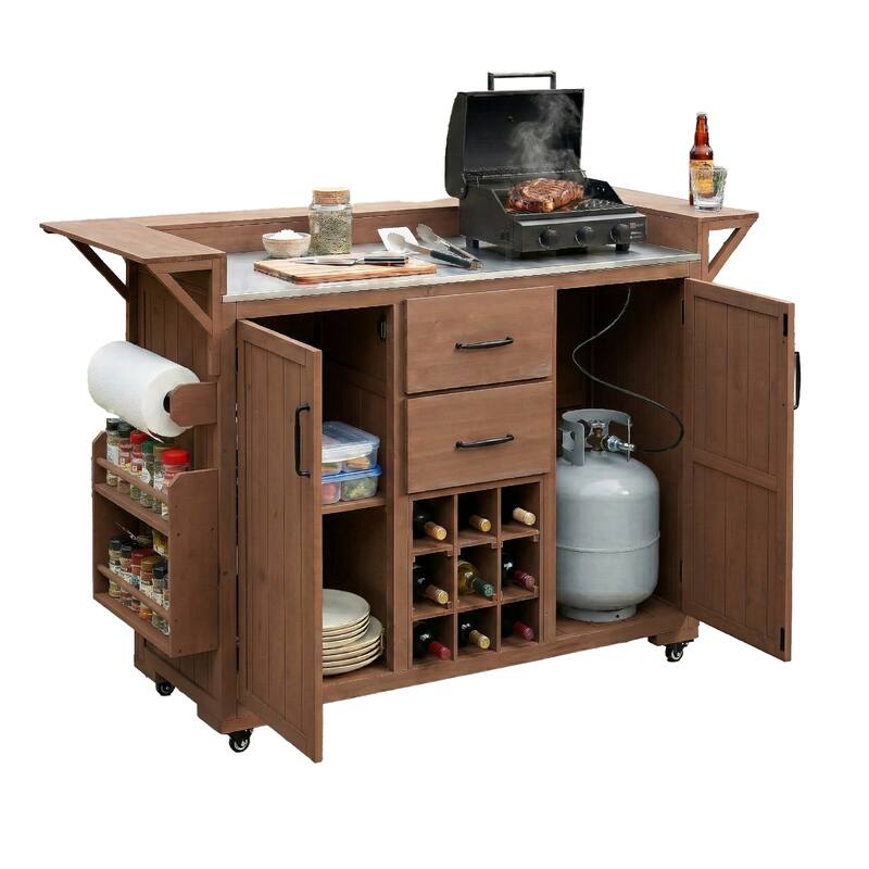 Modern 60.2" W Outdoor BBQ Kitchen Island with Wheels, Stainless Steel Top, Drawers, Spice Rack & Wine Rack