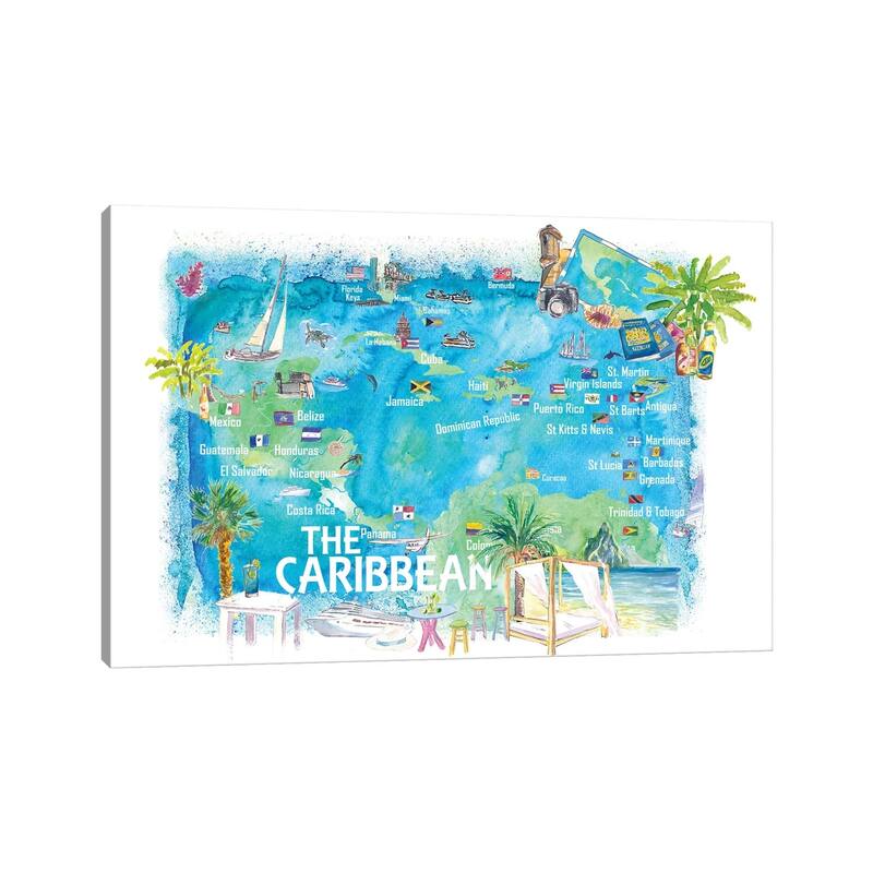 iCanvas "Caribbean Illustrated Travel Map With Landmarks Highlights And Impressions" by Markus & Martina Bleichner Canvas Print