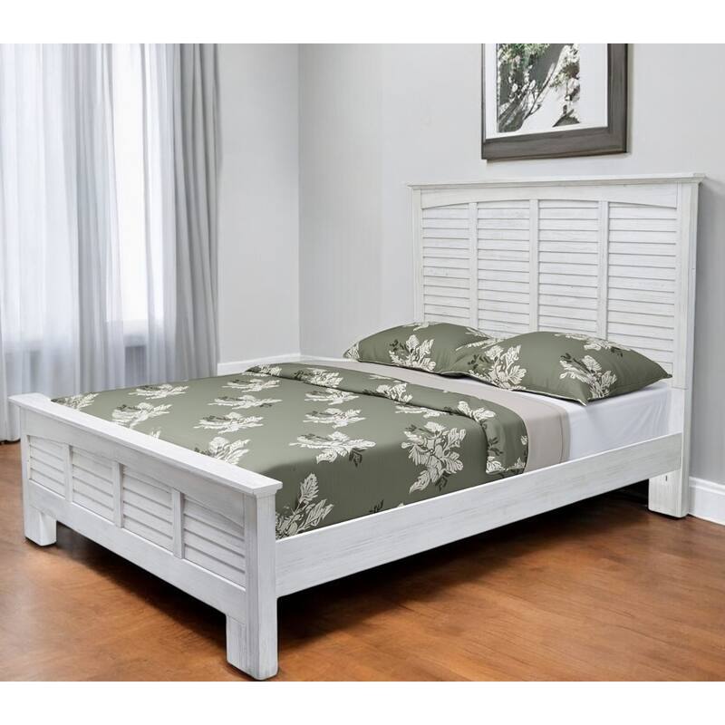 HomeRoots White Plantation Shutter Distressed Solid Wood Queen Bed Frame - Queen