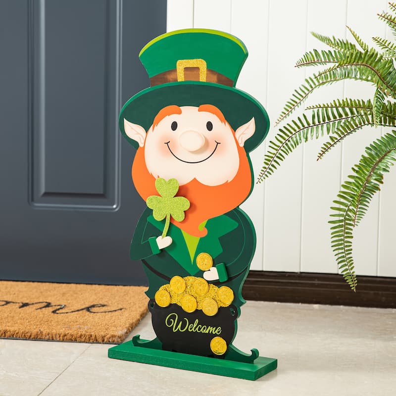 Glitzhome 24"H Wooden St. Patrick's Leprechaun Pot of Gold Porch Decor - Welcome