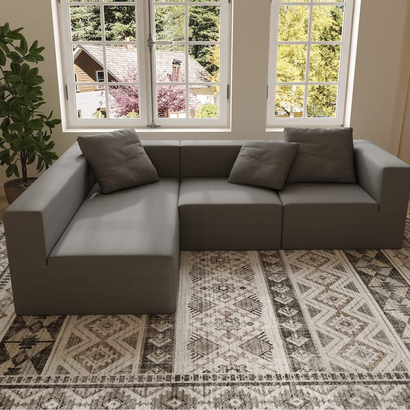 Corduroy Chaise Sectional Couch Convertible into Sleeper Sofa Bed, Deep Seating Modular Compression Sofa for Living Room - Grey