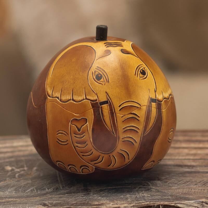 Novica Handmade Earth Tone Elephant Dried Mate Gourd Decorative Box