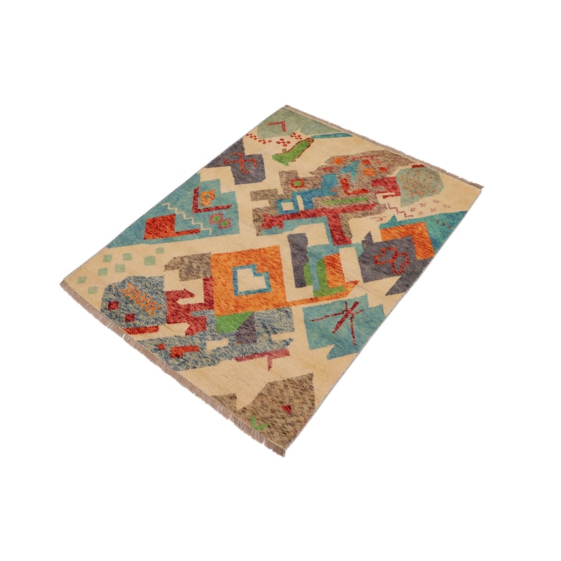 Boho Chic Balochi Galindo Beige/Blue Hand Knotted Wool Rug - 3'6'' x 5'1''