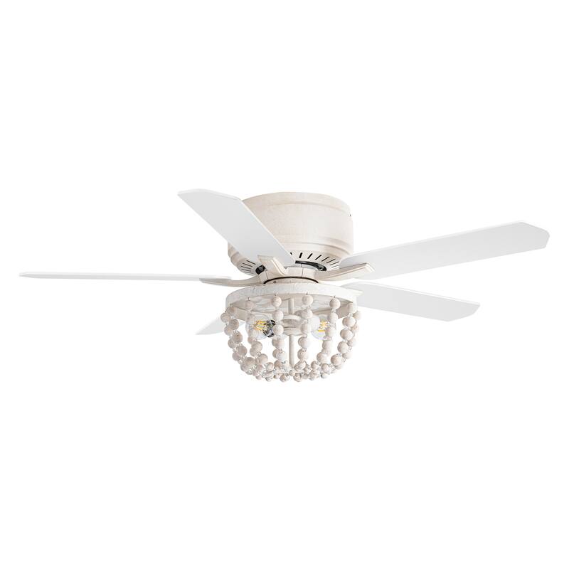 48" French Country White Wood Beads Low Profile Ceiling Fan with Remote