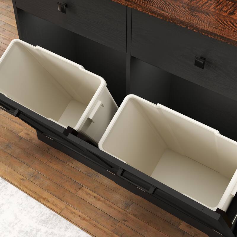 Farmhouse Double Tilt Out Trash Cabinet, Free Standing Recycling Cabinet with Hideaway Drawer, Barn Door Laundry Sorter Cabinet