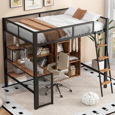 Full Size Metal Loft Bed with L-Shaped Built-in Desk, Storage Wardrobe and Shelves, Loft Bed Frame with Ladder, Guardrail