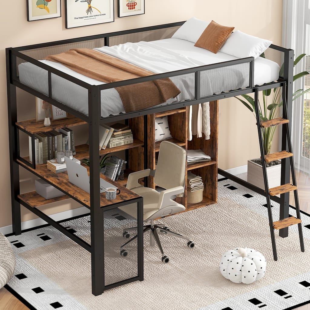 Full Size Metal Loft Bed with L-Shaped Built-in Desk, Storage Wardrobe and Shelves, Loft Bed Frame with Ladder, Guardrail